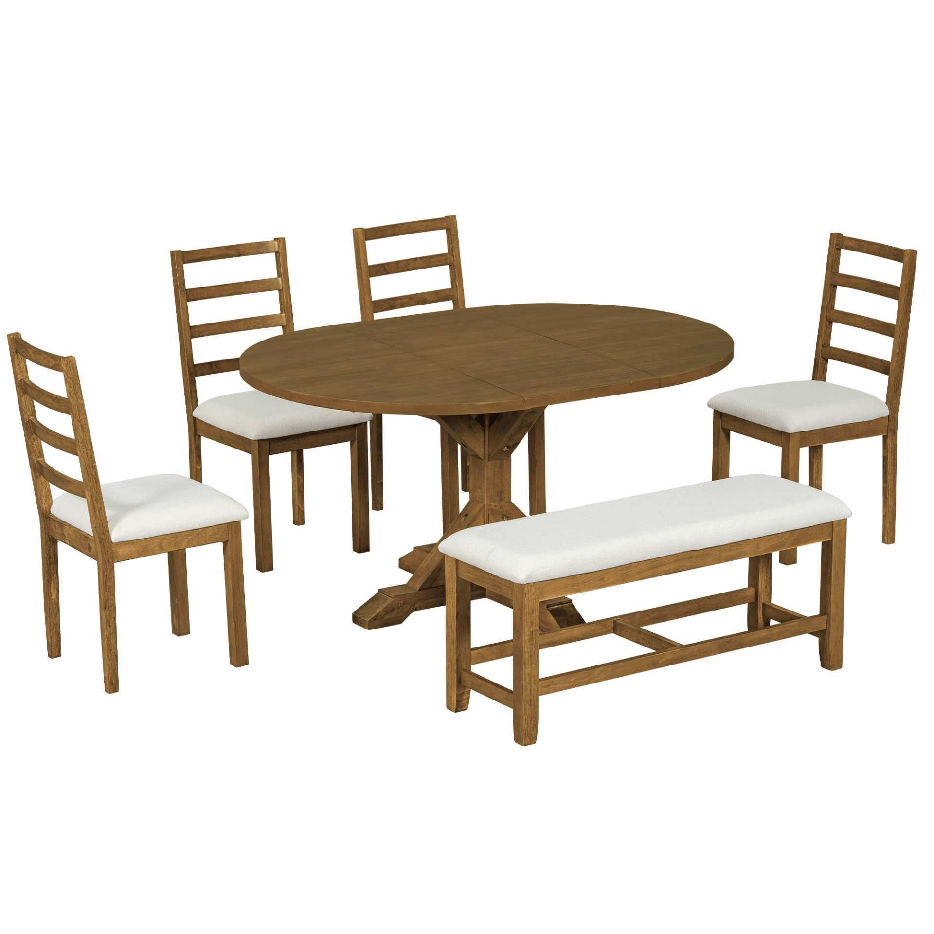 Farmhouse 6 - Piece Extendable Dining Table Set with Removable Leaf, Bench, and 4 Ladder Back Chairs, Dark Brown - CurtisJ Designs