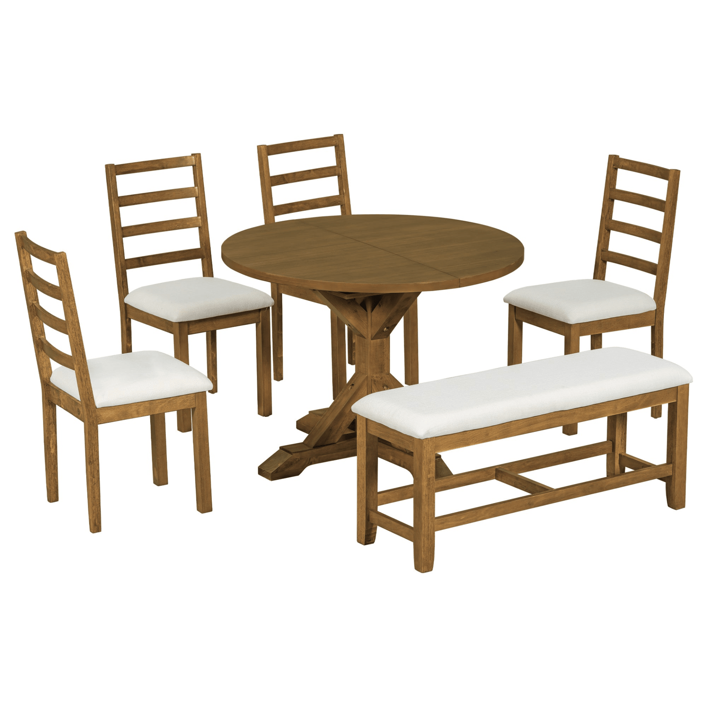 Farmhouse 6 - Piece Extendable Dining Table Set with Removable Leaf, Bench, and 4 Ladder Back Chairs, Dark Brown - CurtisJ Designs