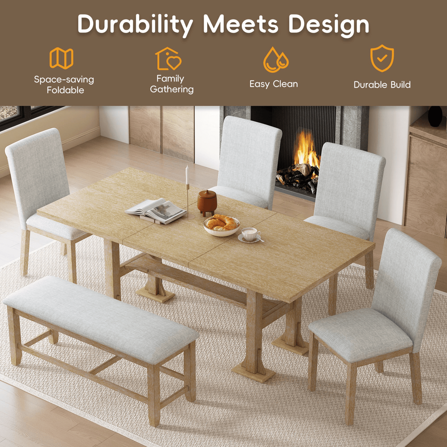 Farmhouse 76 - inch Extendable Dining Table Set with Removable Leaf and Upholstered Chairs & Bench - Natural, 6 - Piece Set - CurtisJ Designs