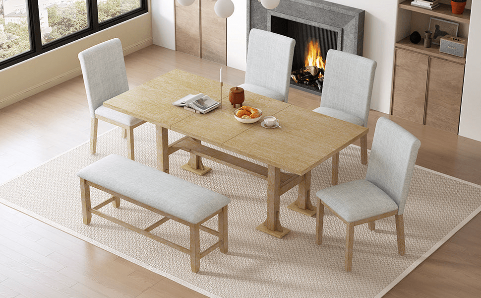 Farmhouse 76 - inch Extendable Dining Table Set with Removable Leaf and Upholstered Chairs & Bench - Natural, 6 - Piece Set - CurtisJ Designs