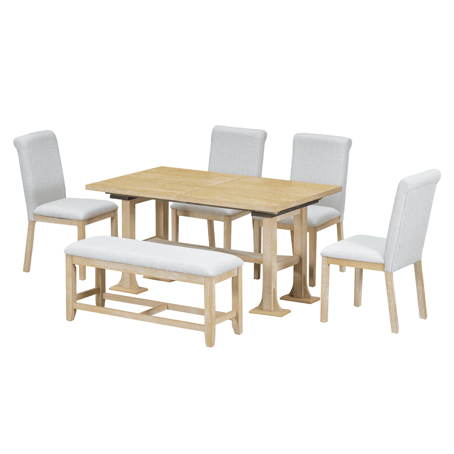 Farmhouse 76 - inch Extendable Dining Table Set with Removable Leaf and Upholstered Chairs & Bench - Natural, 6 - Piece Set - CurtisJ Designs