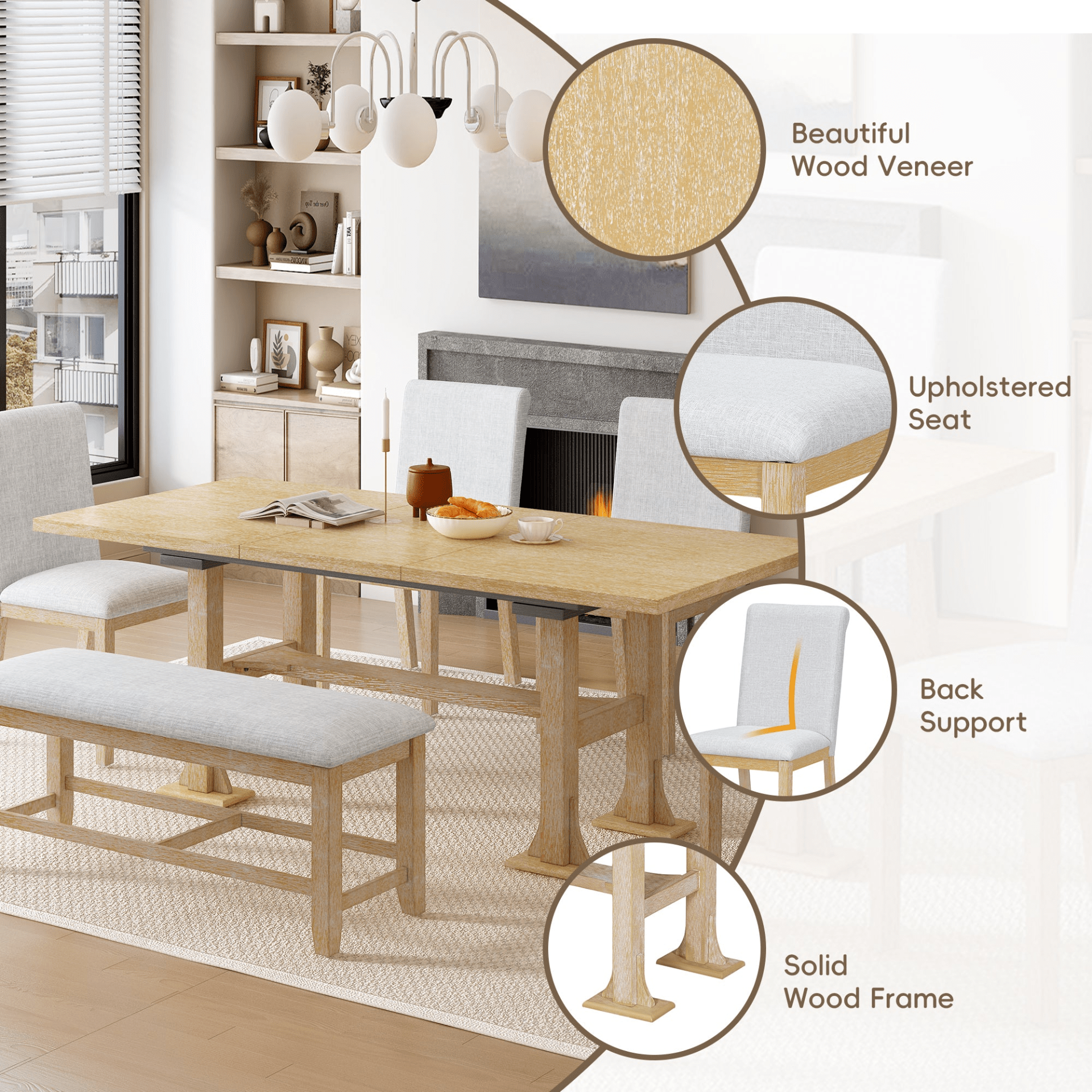 Farmhouse 76 - inch Extendable Dining Table Set with Removable Leaf and Upholstered Chairs & Bench - Natural, 6 - Piece Set - CurtisJ Designs