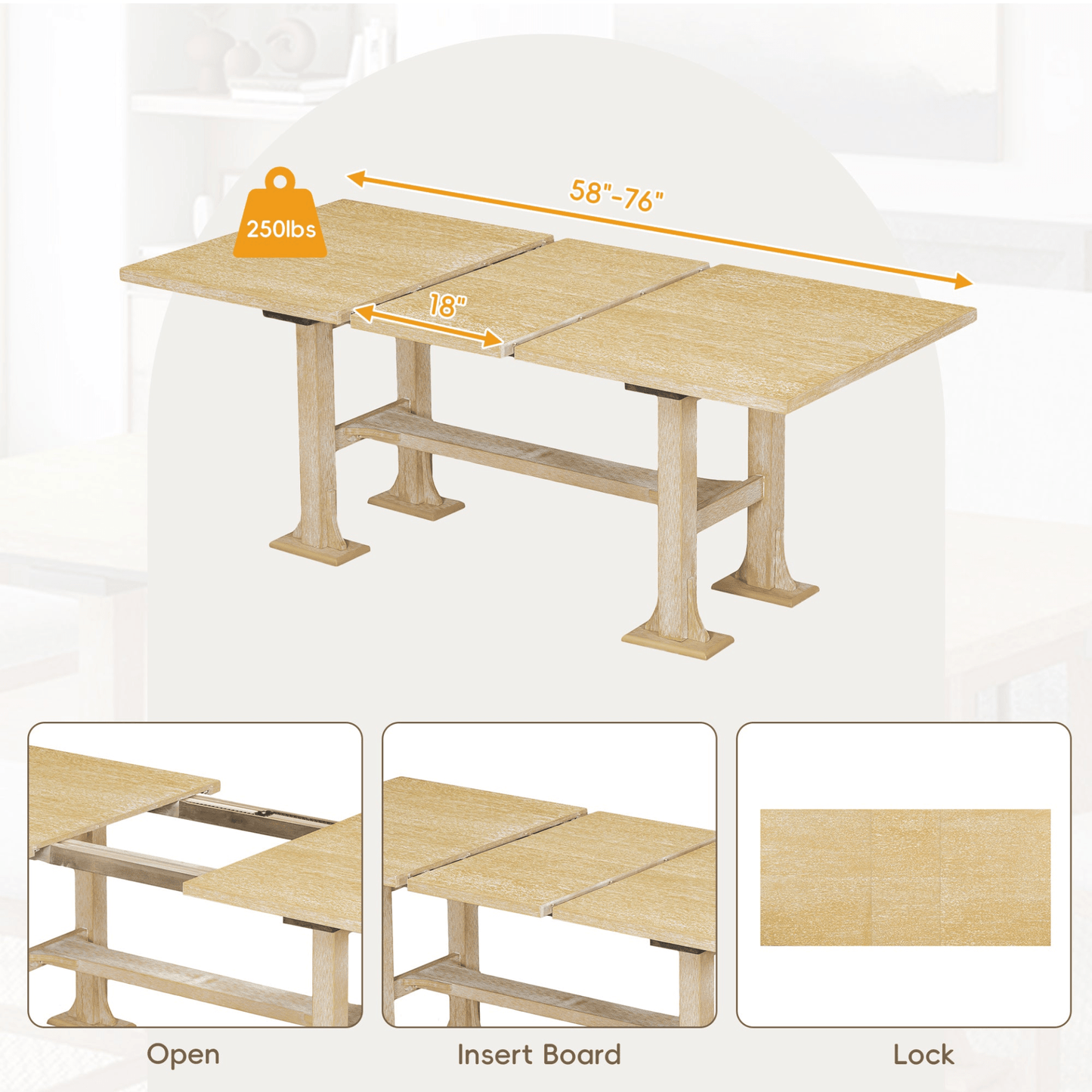 Farmhouse 76 - inch Extendable Dining Table Set with Removable Leaf and Upholstered Chairs & Bench - Natural, 6 - Piece Set - CurtisJ Designs