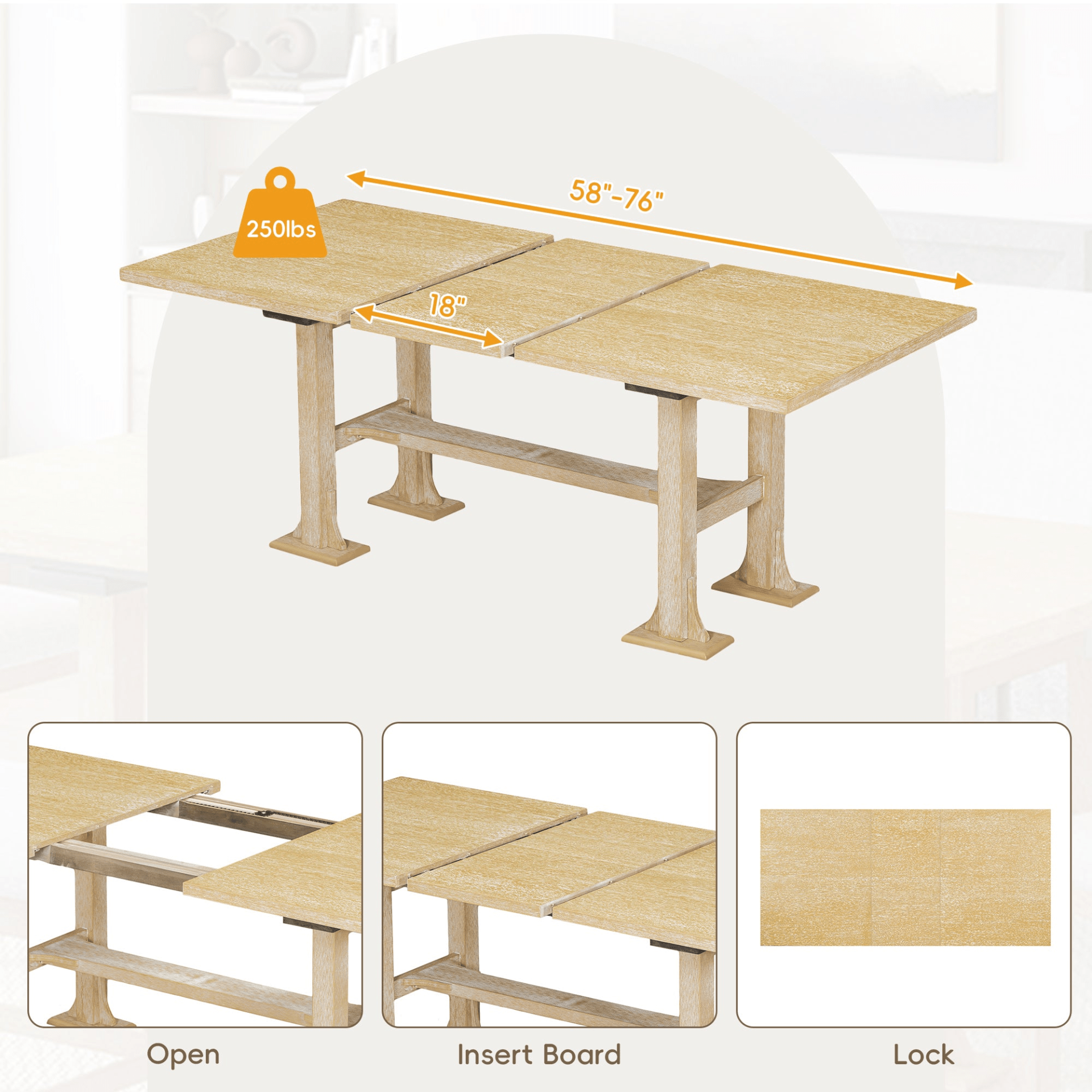 Farmhouse 76 - inch Extendable Dining Table Set with Removable Leaf and Upholstered Chairs & Bench - Natural, 6 - Piece Set - CurtisJ Designs