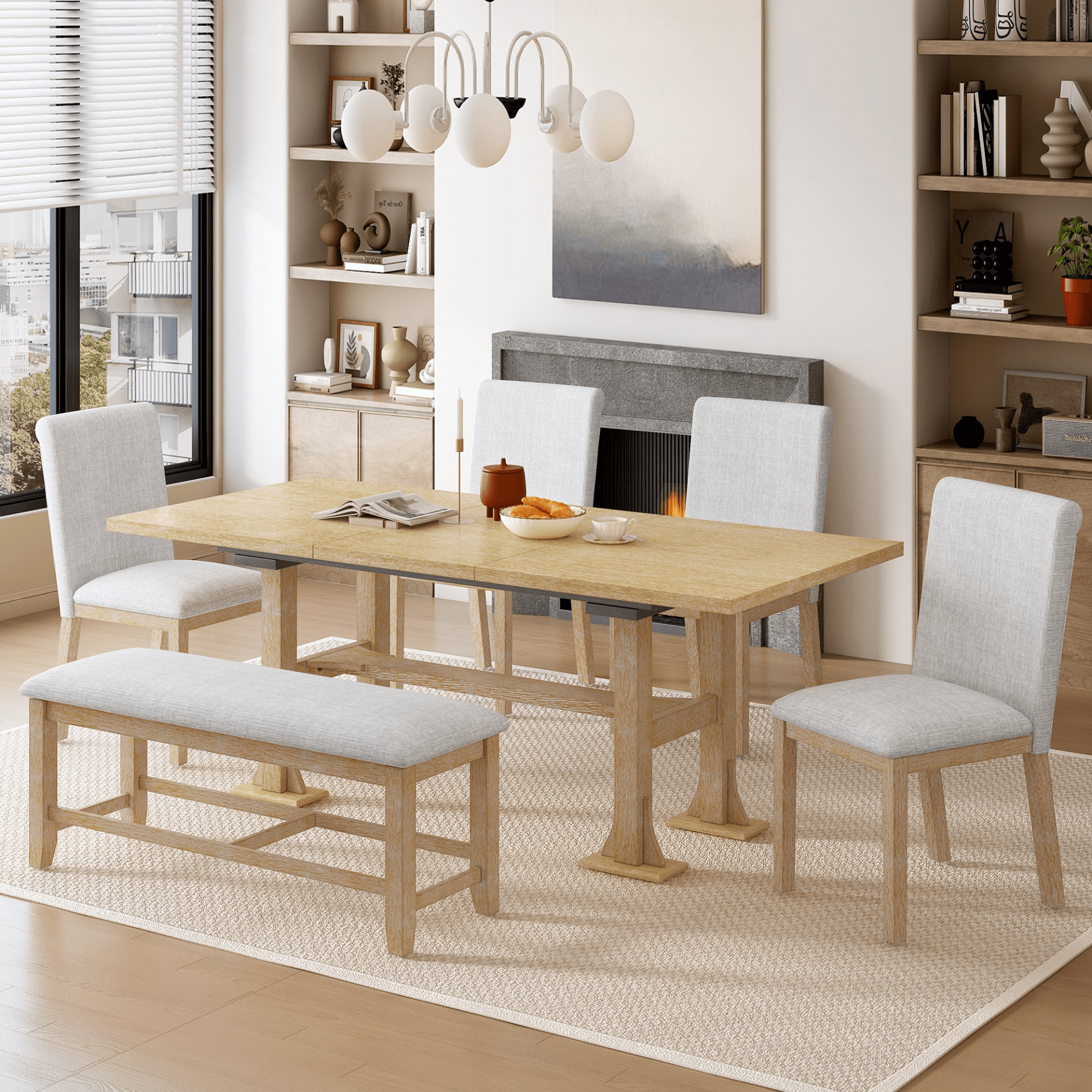 Farmhouse 76 - inch Extendable Dining Table Set with Removable Leaf and Upholstered Chairs & Bench - Natural, 6 - Piece Set - CurtisJ Designs