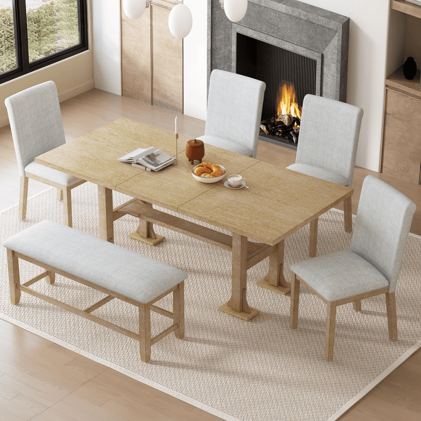 Farmhouse 76 - inch Extendable Dining Table Set with Removable Leaf and Upholstered Chairs & Bench - Natural, 6 - Piece Set - CurtisJ Designs