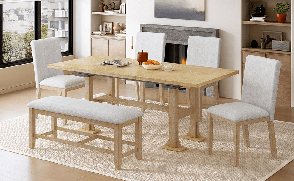 Farmhouse 76 - inch Extendable Dining Table Set with Removable Leaf and Upholstered Chairs & Bench - Natural, 6 - Piece Set - CurtisJ Designs