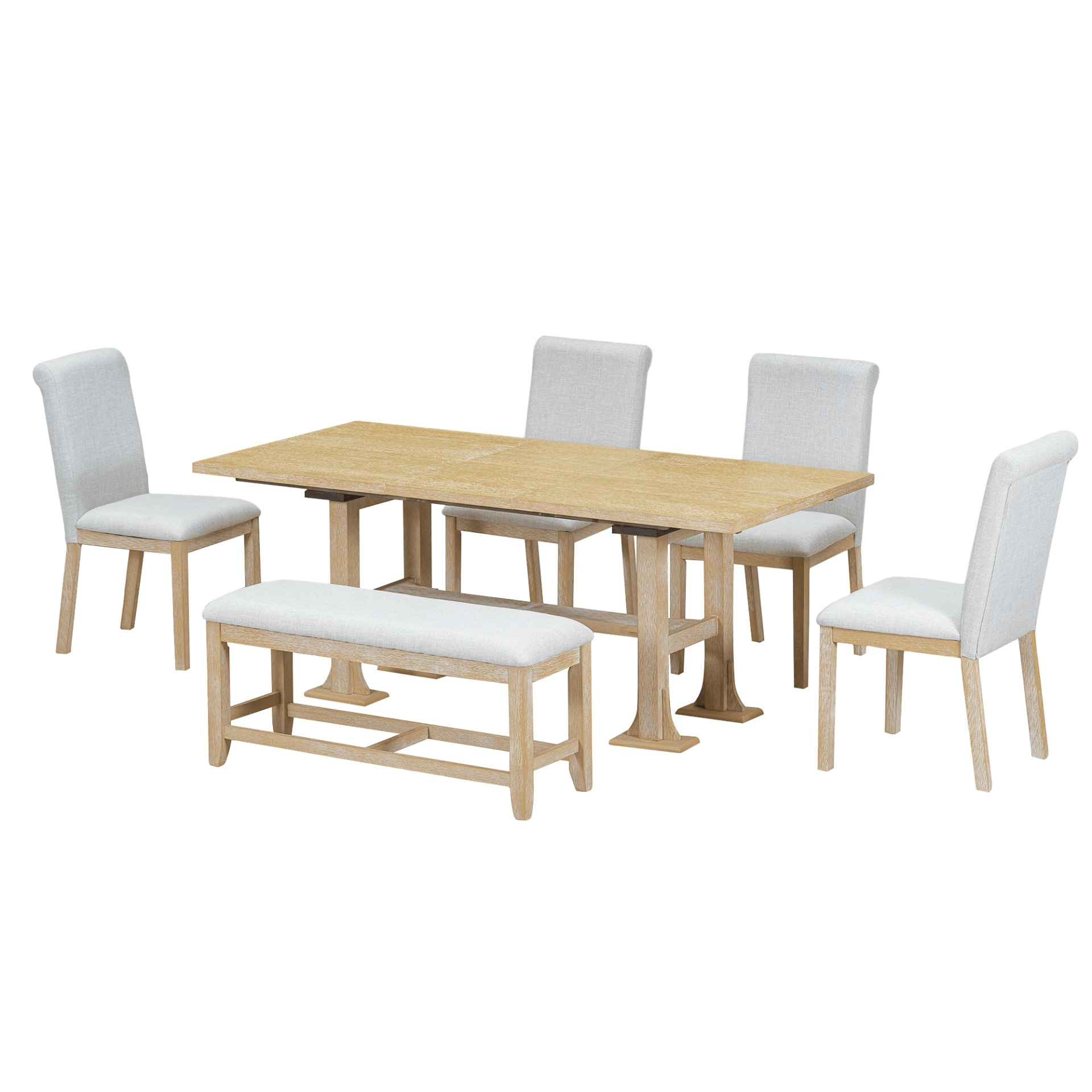 Farmhouse 76 - inch Extendable Dining Table Set with Removable Leaf and Upholstered Chairs & Bench - Natural, 6 - Piece Set - CurtisJ Designs