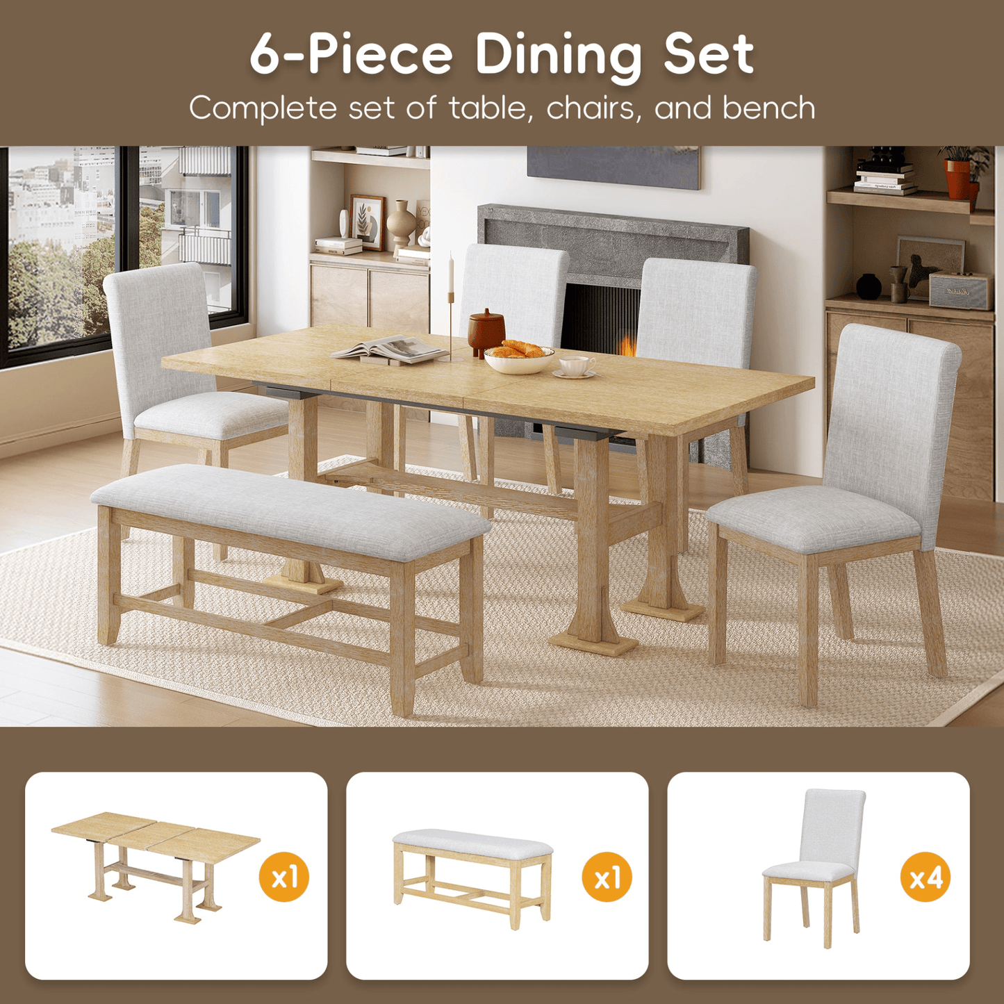 Farmhouse 76 - inch Extendable Dining Table Set with Removable Leaf and Upholstered Chairs & Bench - Natural, 6 - Piece Set - CurtisJ Designs