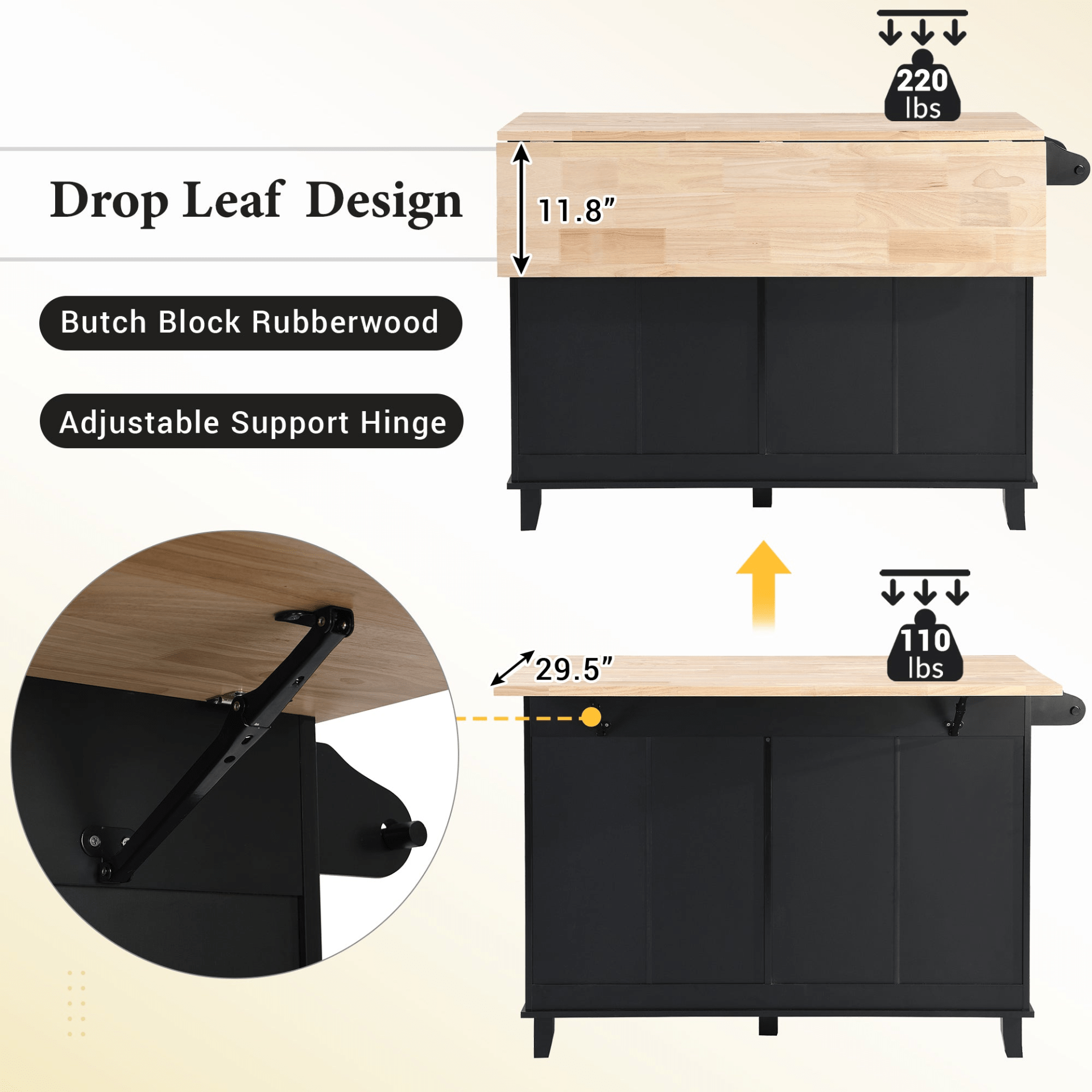 Farmhouse Kitchen Island Set with Drop Leaf and 2 Seatings - Black+Rustic Brown - CurtisJ Designs