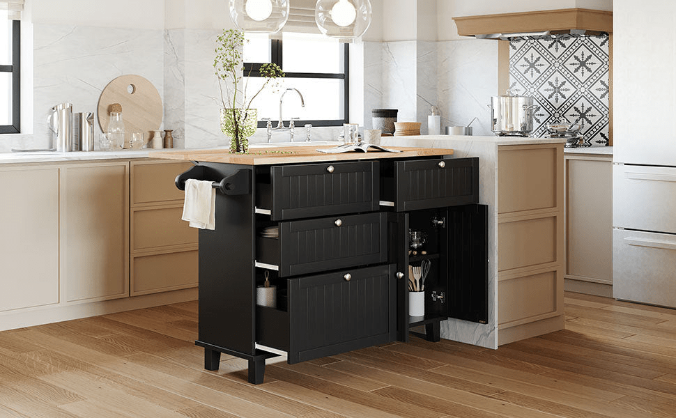 Farmhouse Kitchen Island Set with Drop Leaf and 2 Seatings - Black+Rustic Brown - CurtisJ Designs