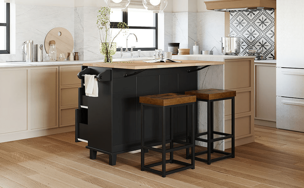 Farmhouse Kitchen Island Set with Drop Leaf and 2 Seatings - Black+Rustic Brown - CurtisJ Designs