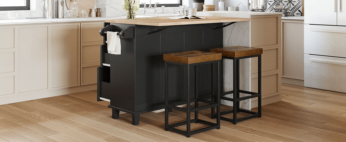 Farmhouse Kitchen Island Set with Drop Leaf and 2 Seatings - Black+Rustic Brown - CurtisJ Designs