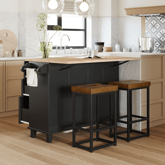 Farmhouse Kitchen Island Set with Drop Leaf and 2 Seatings - Black+Rustic Brown - CurtisJ Designs