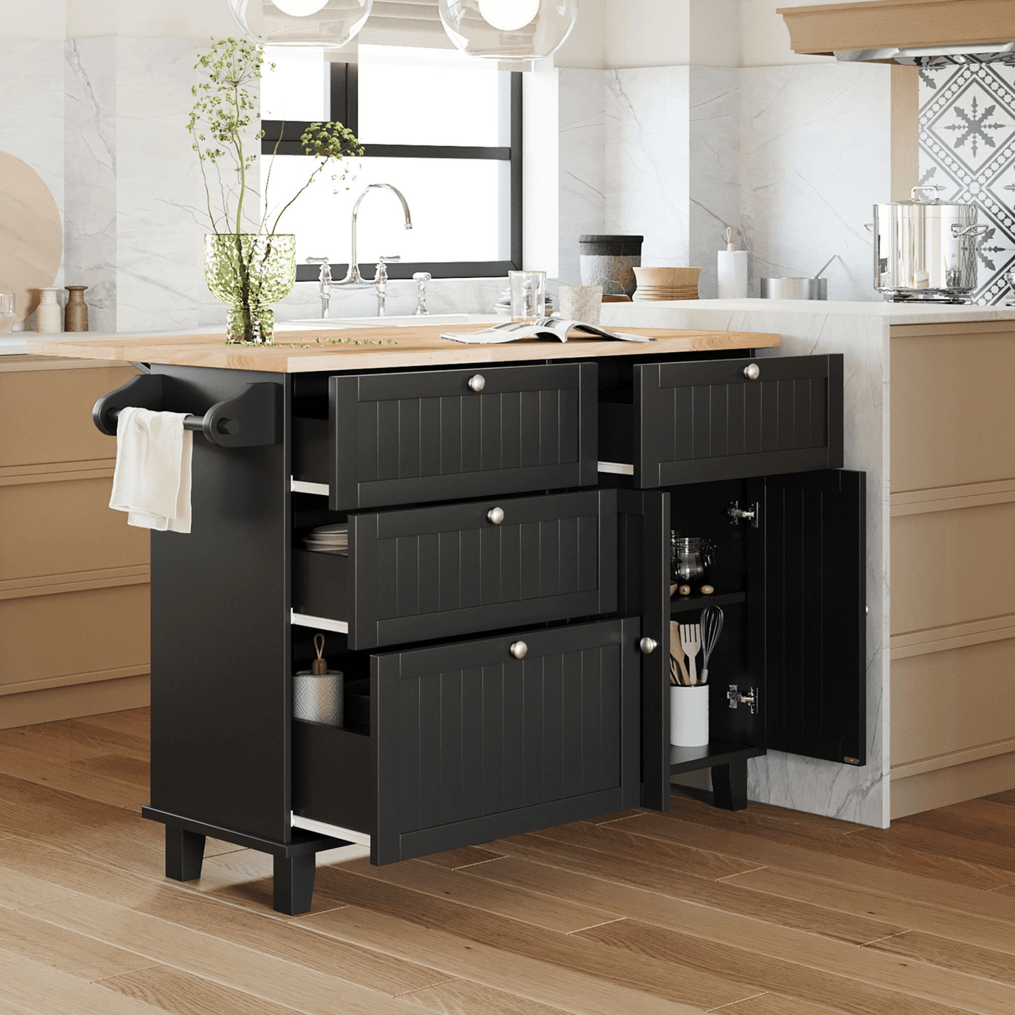 Farmhouse Kitchen Island Set with Drop Leaf and 2 Seatings - Black+Rustic Brown - CurtisJ Designs