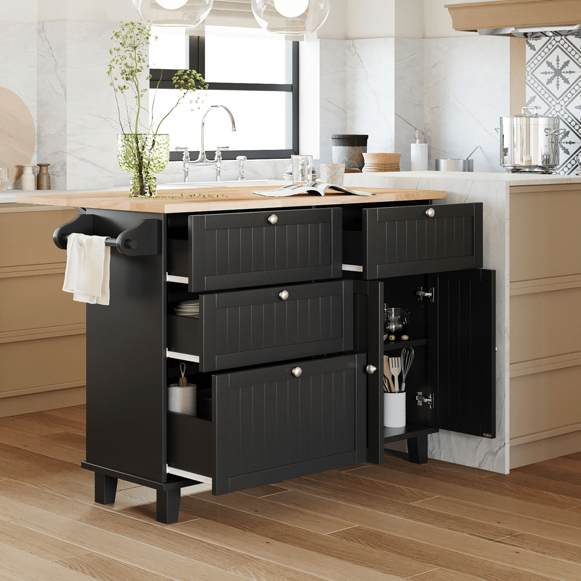 Farmhouse Kitchen Island Set with Drop Leaf and 2 Seatings - Black+Rustic Brown - CurtisJ Designs