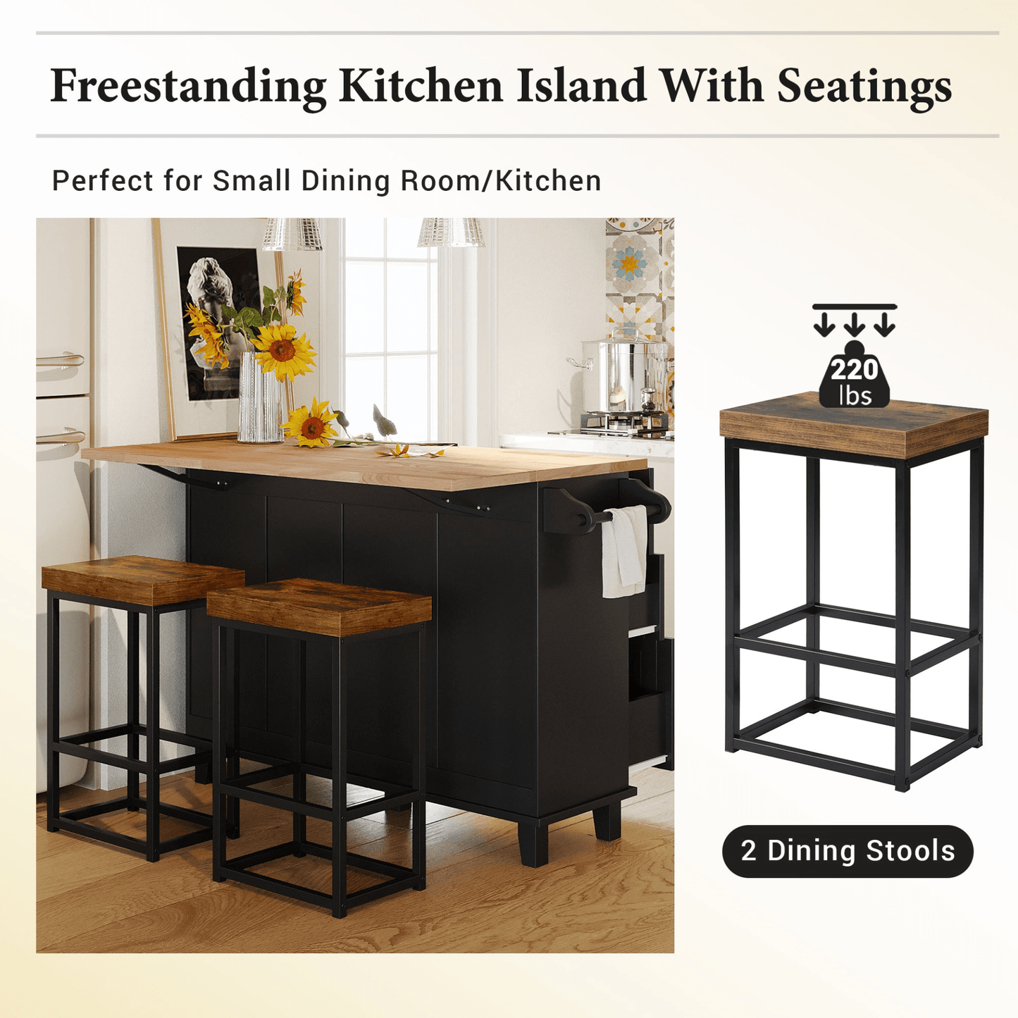 Farmhouse Kitchen Island Set with Drop Leaf and 2 Seatings - Black+Rustic Brown - CurtisJ Designs