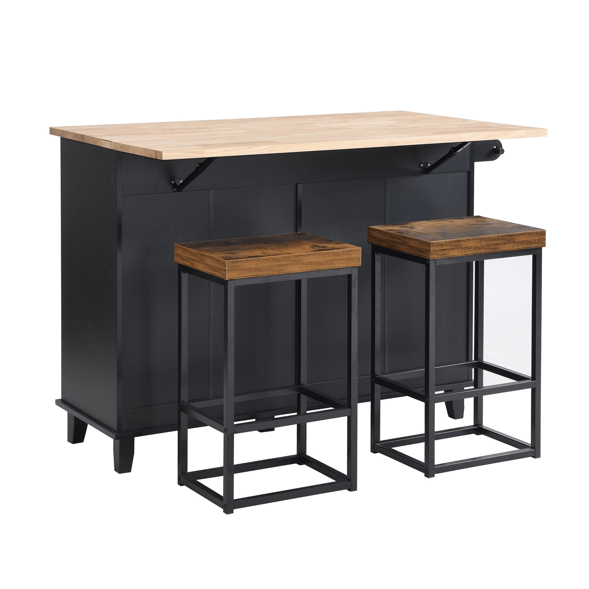 Farmhouse Kitchen Island Set with Drop Leaf and 2 Seatings - Black+Rustic Brown - CurtisJ Designs