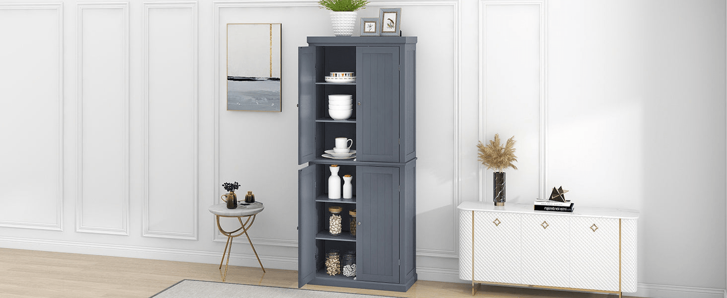 Freestanding Tall Kitchen Pantry, 72.4" Gray Minimalist Kitchen Storage Cabinet with Adjustable Shelves and 4 Doors - CurtisJ Designs