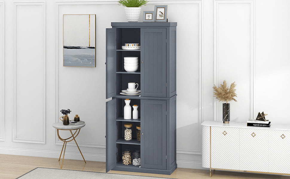 Freestanding Tall Kitchen Pantry, 72.4" Gray Minimalist Kitchen Storage Cabinet with Adjustable Shelves and 4 Doors - CurtisJ Designs