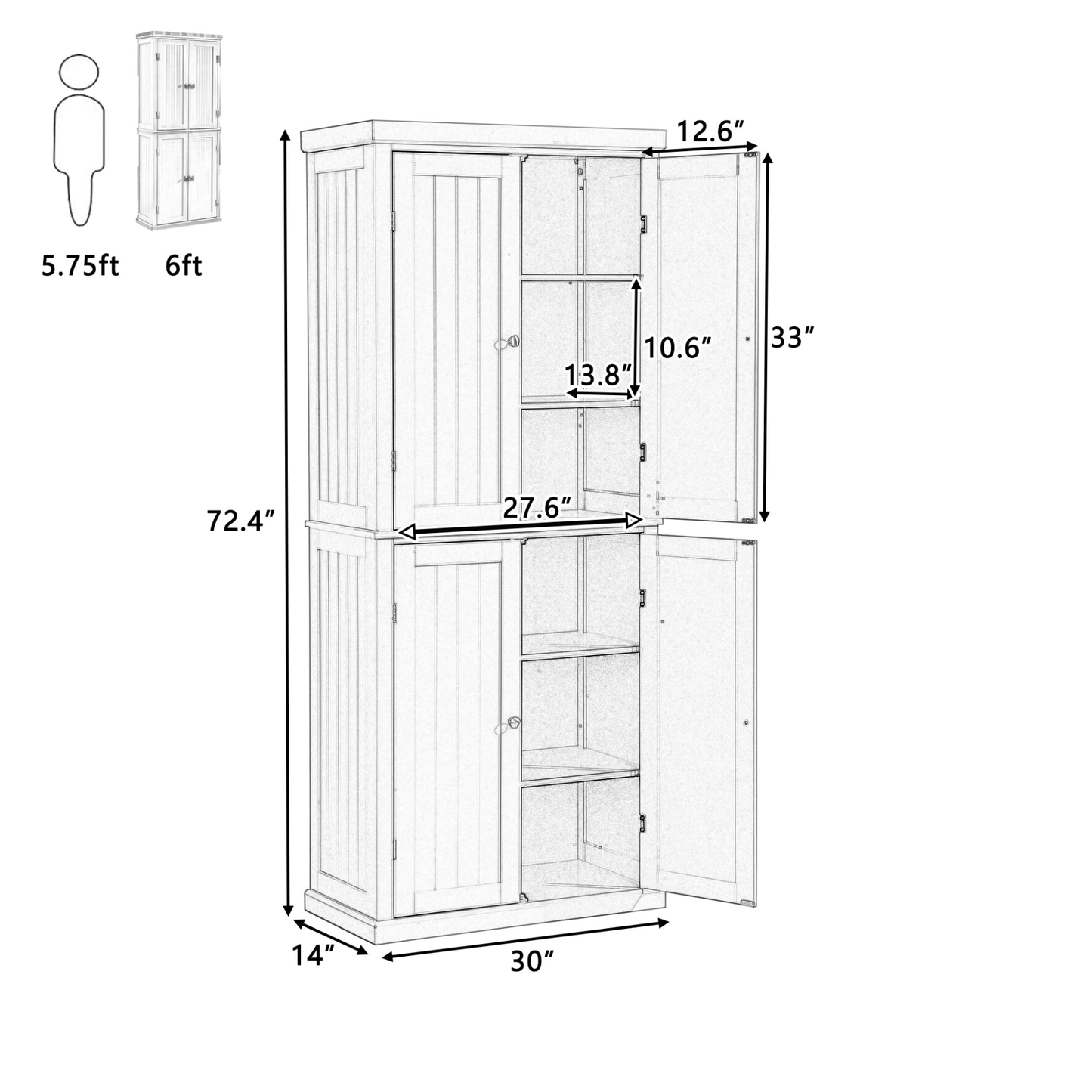 Freestanding Tall Kitchen Pantry, 72.4" Gray Minimalist Kitchen Storage Cabinet with Adjustable Shelves and 4 Doors - CurtisJ Designs