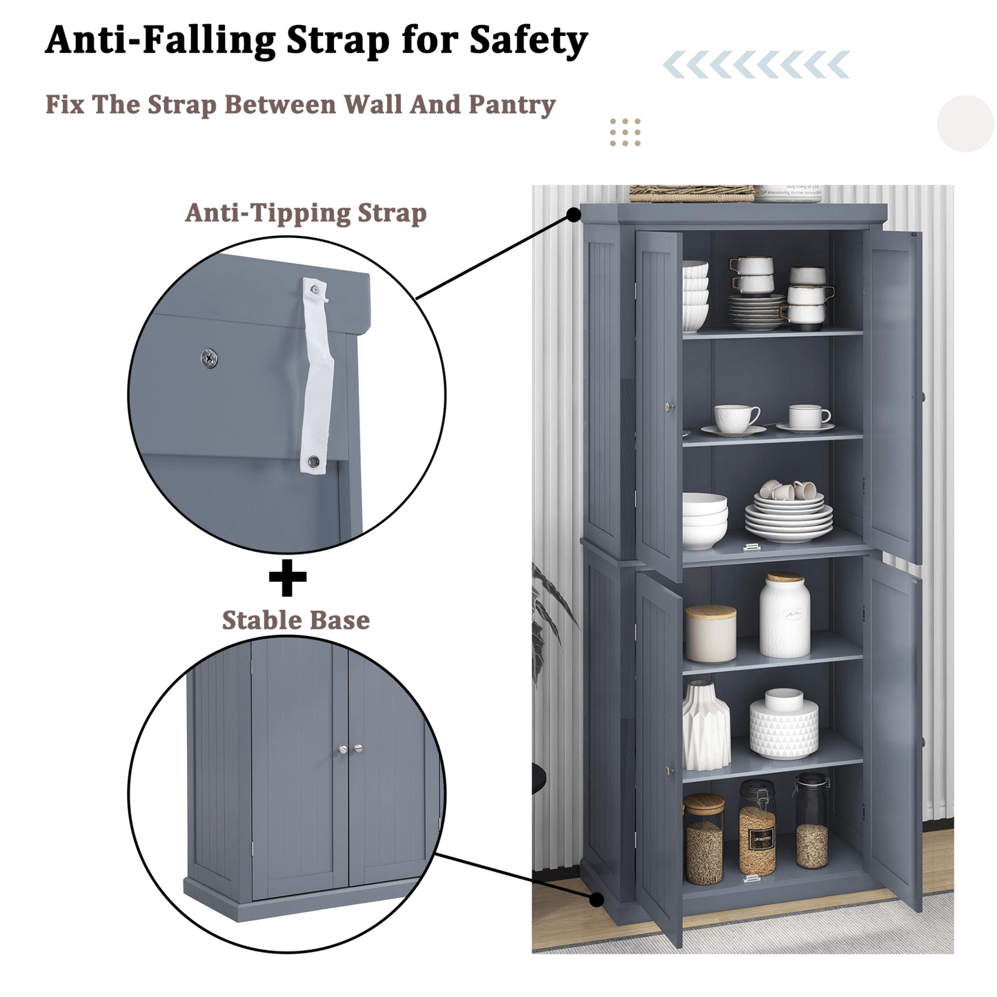 Freestanding Tall Kitchen Pantry, 72.4" Gray Minimalist Kitchen Storage Cabinet with Adjustable Shelves and 4 Doors - CurtisJ Designs