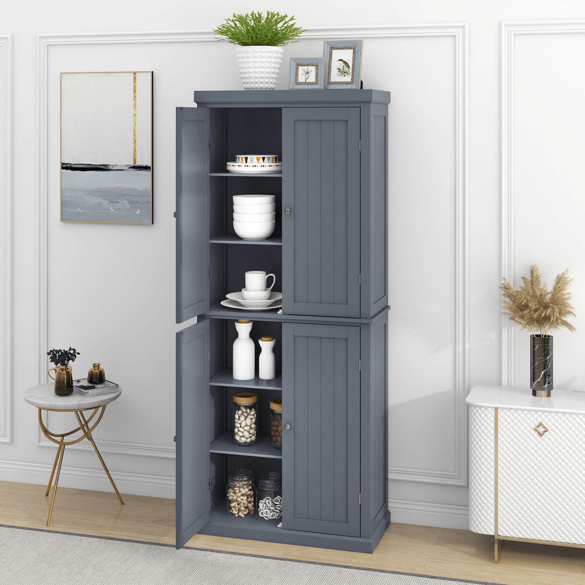 Freestanding Tall Kitchen Pantry, 72.4" Gray Minimalist Kitchen Storage Cabinet with Adjustable Shelves and 4 Doors - CurtisJ Designs