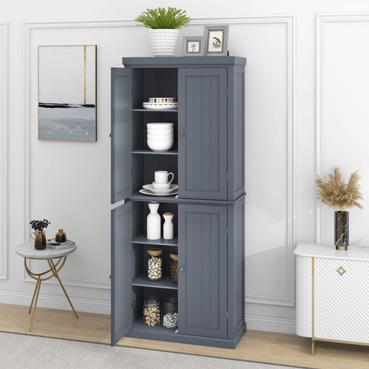 Freestanding Tall Kitchen Pantry, 72.4" Gray Minimalist Kitchen Storage Cabinet with Adjustable Shelves and 4 Doors - CurtisJ Designs