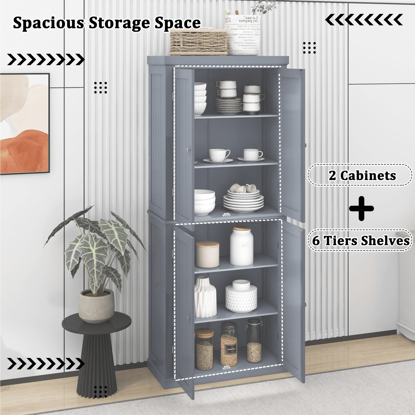 Freestanding Tall Kitchen Pantry, 72.4" Gray Minimalist Kitchen Storage Cabinet with Adjustable Shelves and 4 Doors - CurtisJ Designs