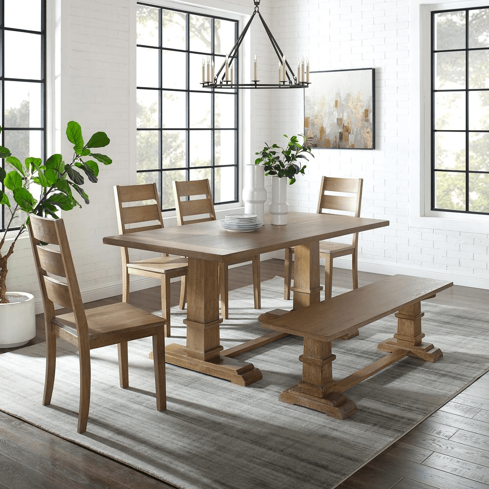 Joanna 6Pc Dining Set in Rustic Brown - Modern Farmhouse Dining Table, Bench & 4 Ladder Back Chairs - CurtisJ Designs