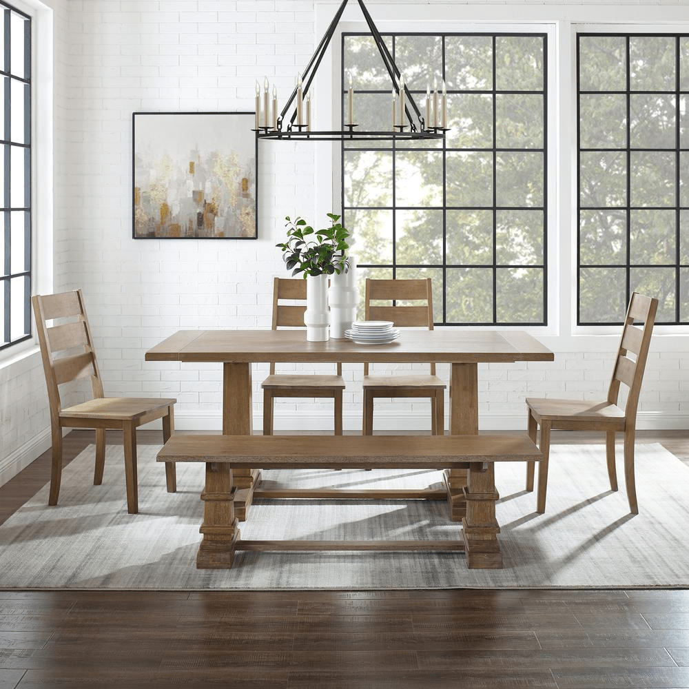 Joanna 6Pc Dining Set in Rustic Brown - Modern Farmhouse Dining Table, Bench & 4 Ladder Back Chairs - CurtisJ Designs