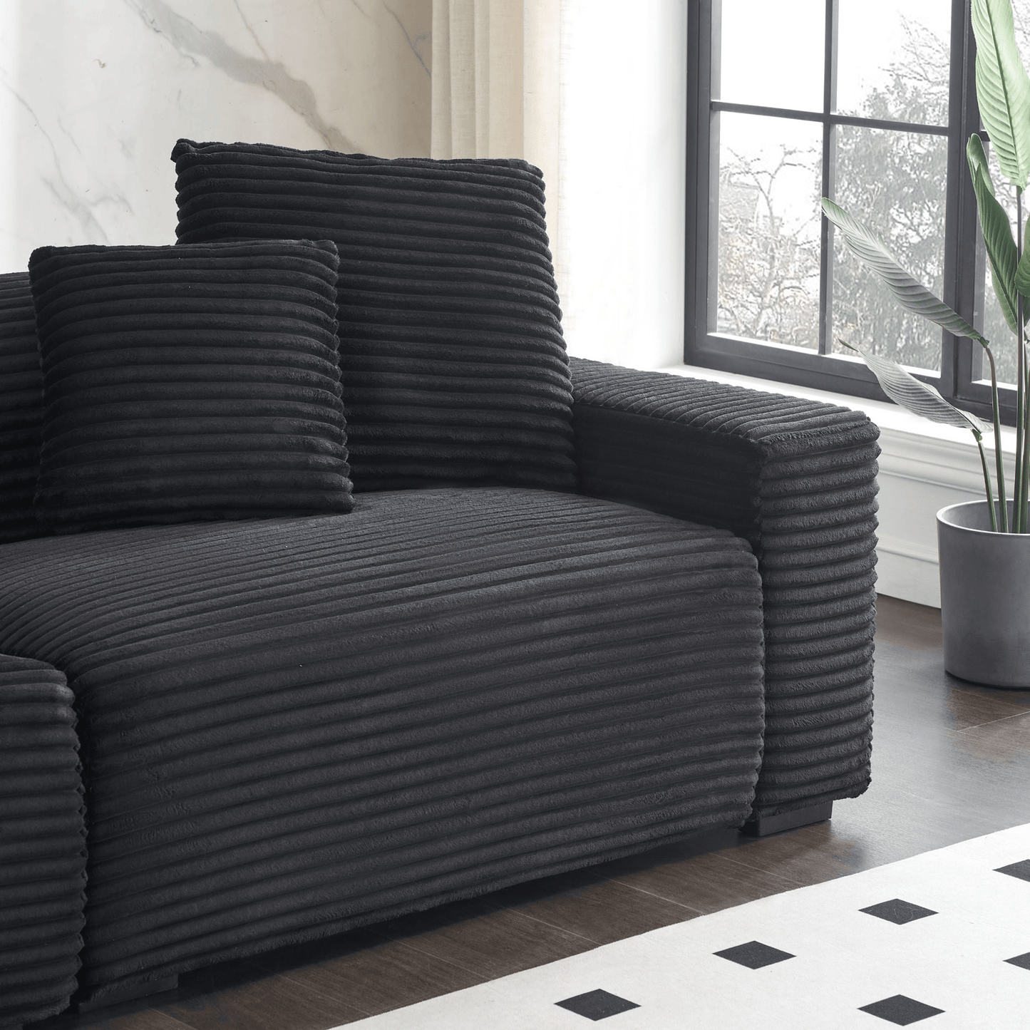 Luxurious 104.72 - Inch 4 - Seat Black Corduroy Sofa with Throw Pillows | Comfortable Living Room Furniture - CurtisJ Designs