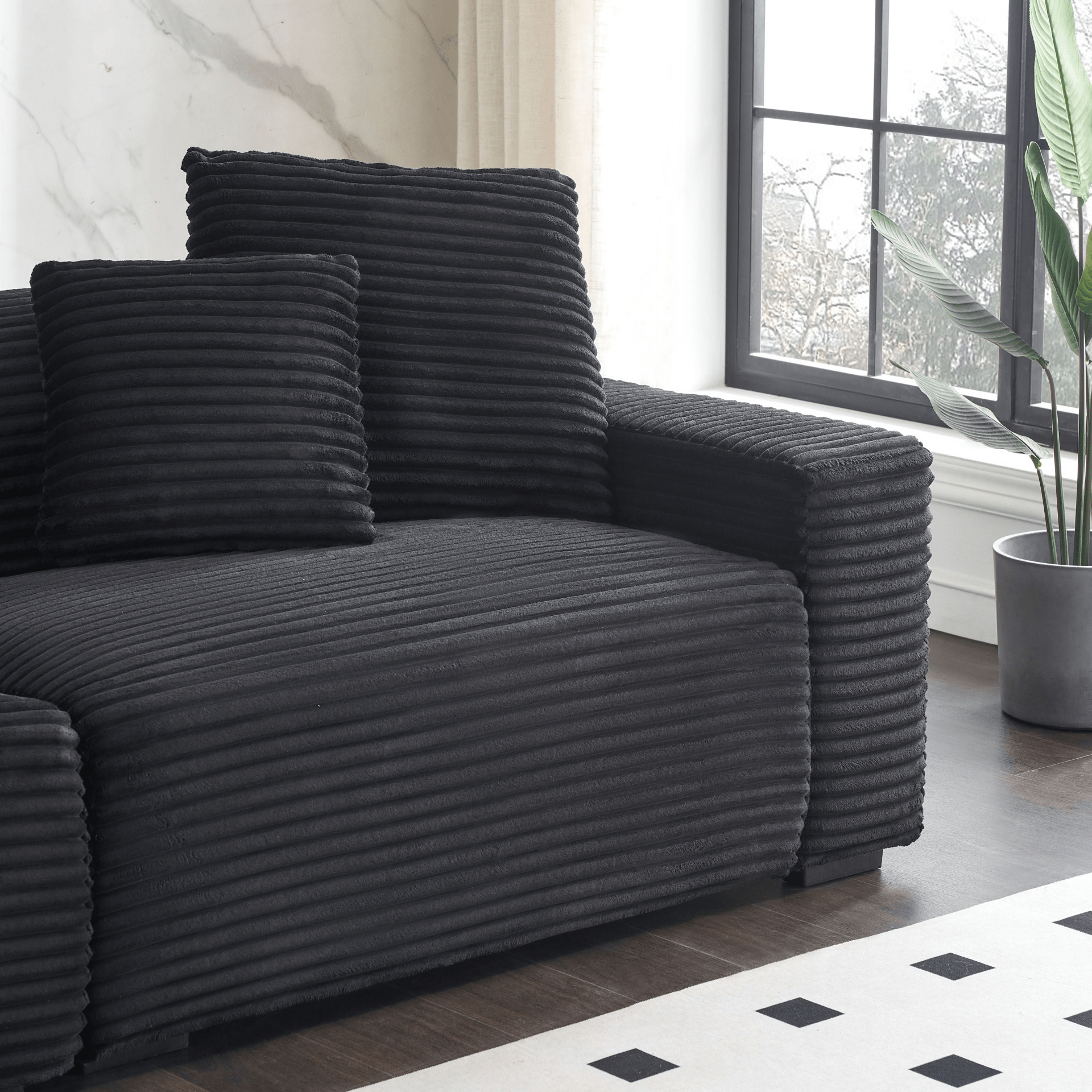 Luxurious 104.72 - Inch 4 - Seat Black Corduroy Sofa with Throw Pillows | Comfortable Living Room Furniture - CurtisJ Designs