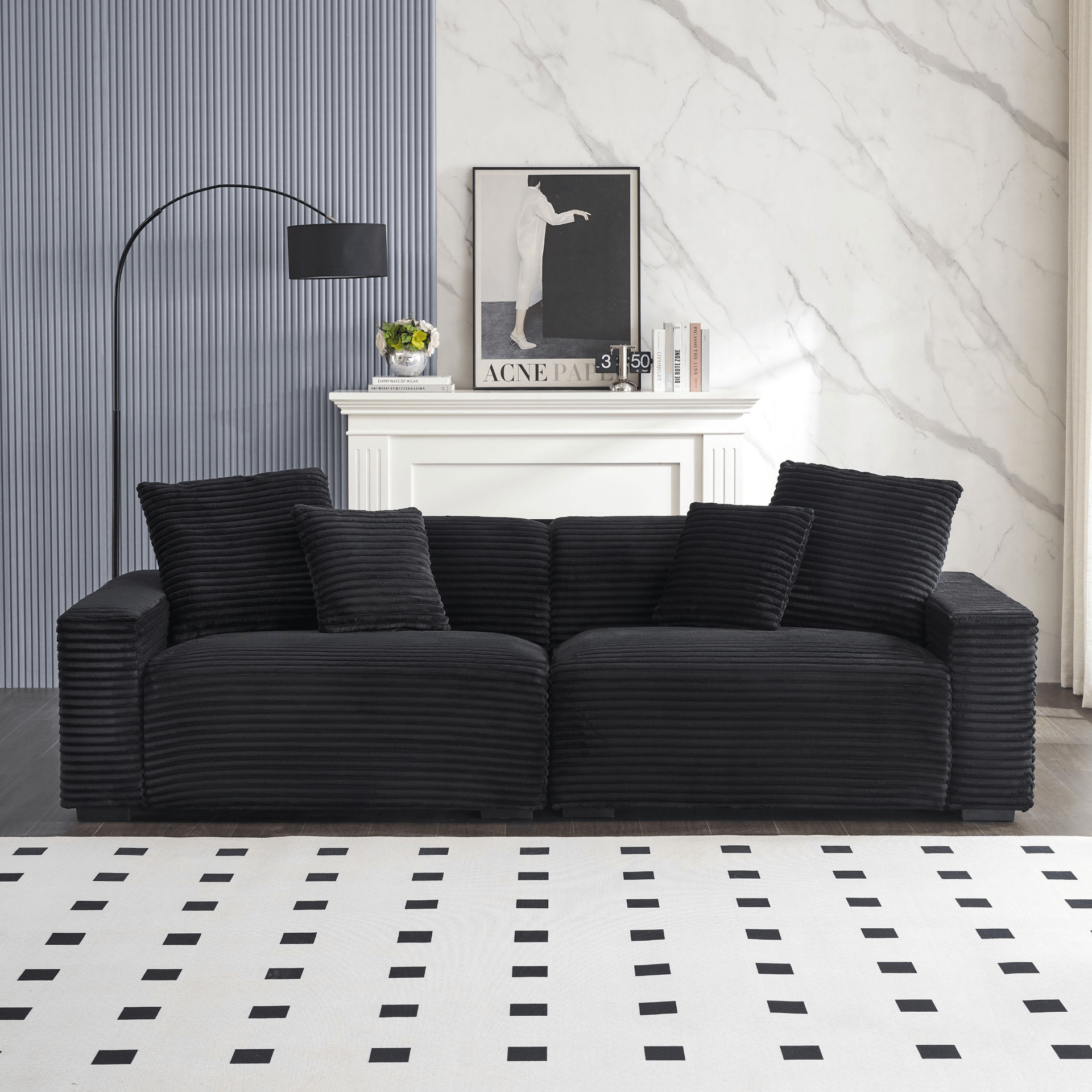 Luxurious 104.72 - Inch 4 - Seat Black Corduroy Sofa with Throw Pillows | Comfortable Living Room Furniture - CurtisJ Designs