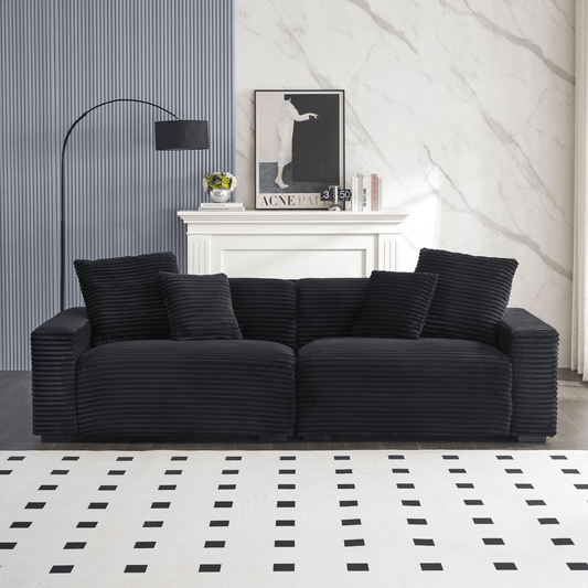 Luxurious 104.72 - Inch 4 - Seat Black Corduroy Sofa with Throw Pillows | Comfortable Living Room Furniture - CurtisJ Designs