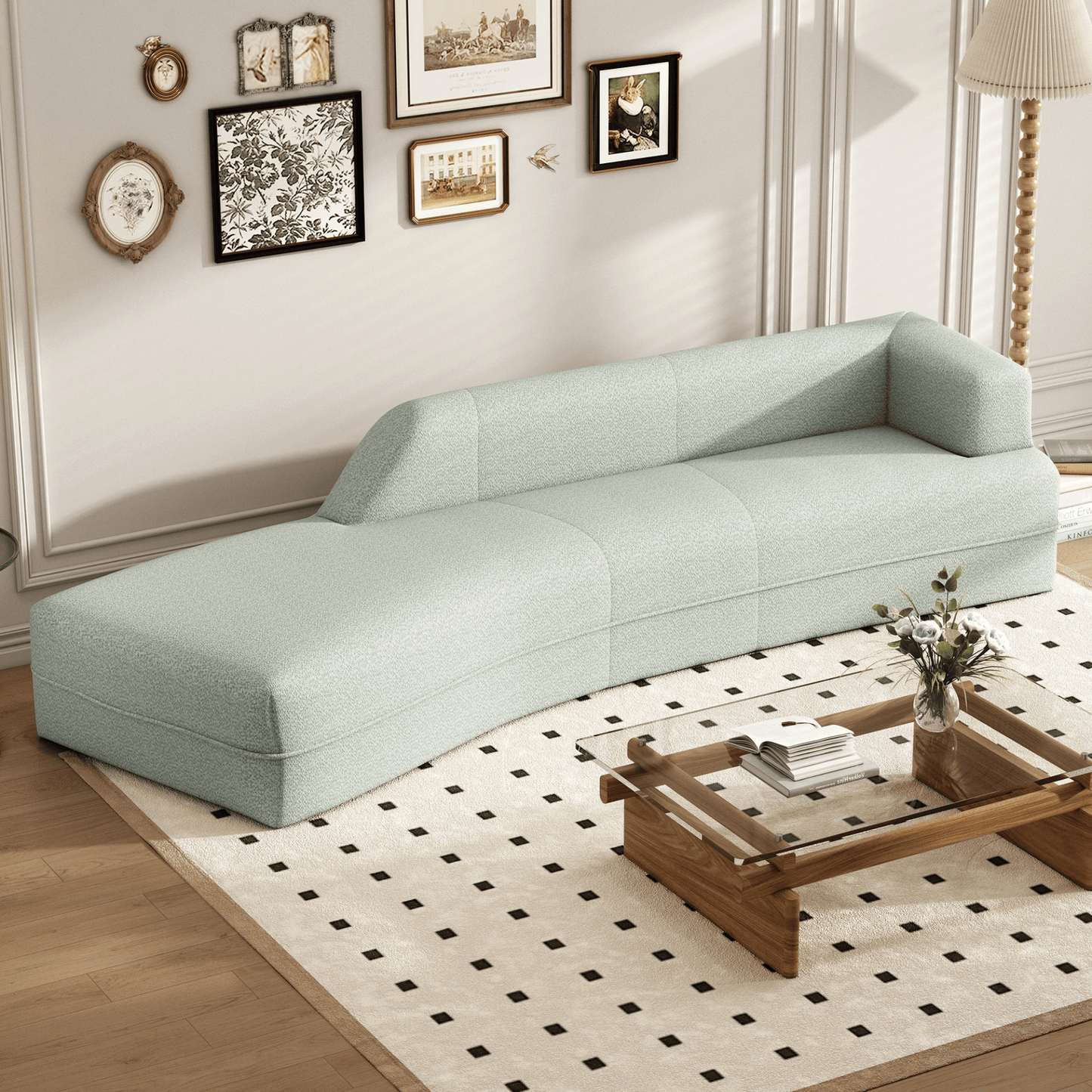 Luxurious 109.4" Curved Chaise Lounge Sofa in Green - Modern Indoor Couch with Boucle Fabric - CurtisJ Designs