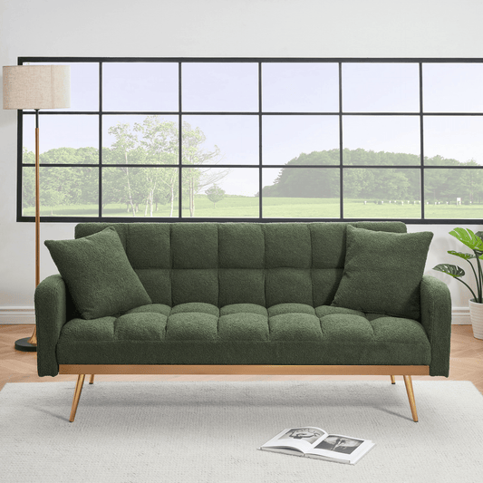 Luxurious 69" Green Adjustable Sofa Bed with Teddy Fabric & 2 Throw Pillows – Multifunctional Comfort for Your Home - CurtisJ Designs