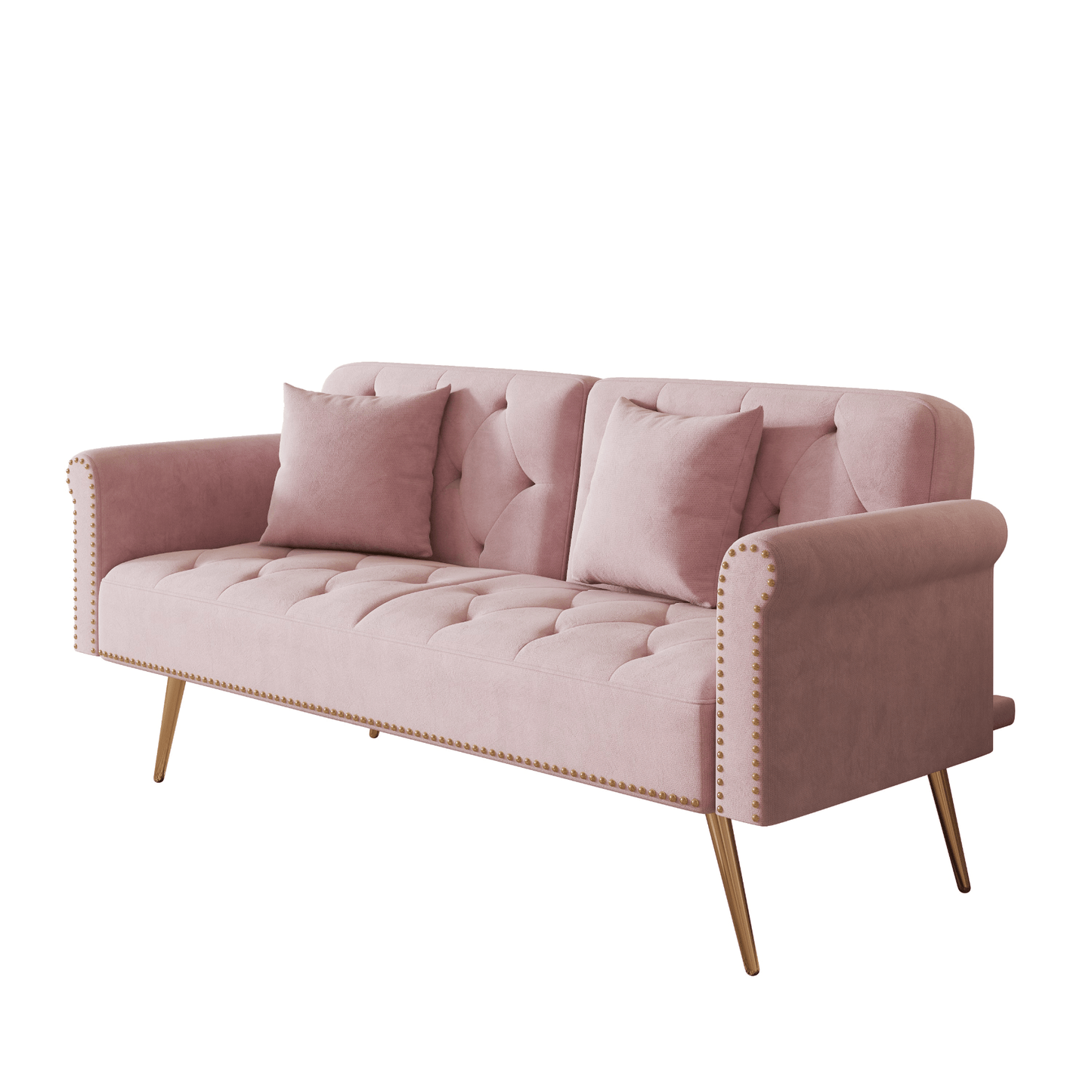 Luxurious 69.7 - Inch Pink Velvet Sofa Bed with Nail Head Trim & Throw Pillow - Elegant 2 - Seater with Gold Metal Legs - CurtisJ Designs