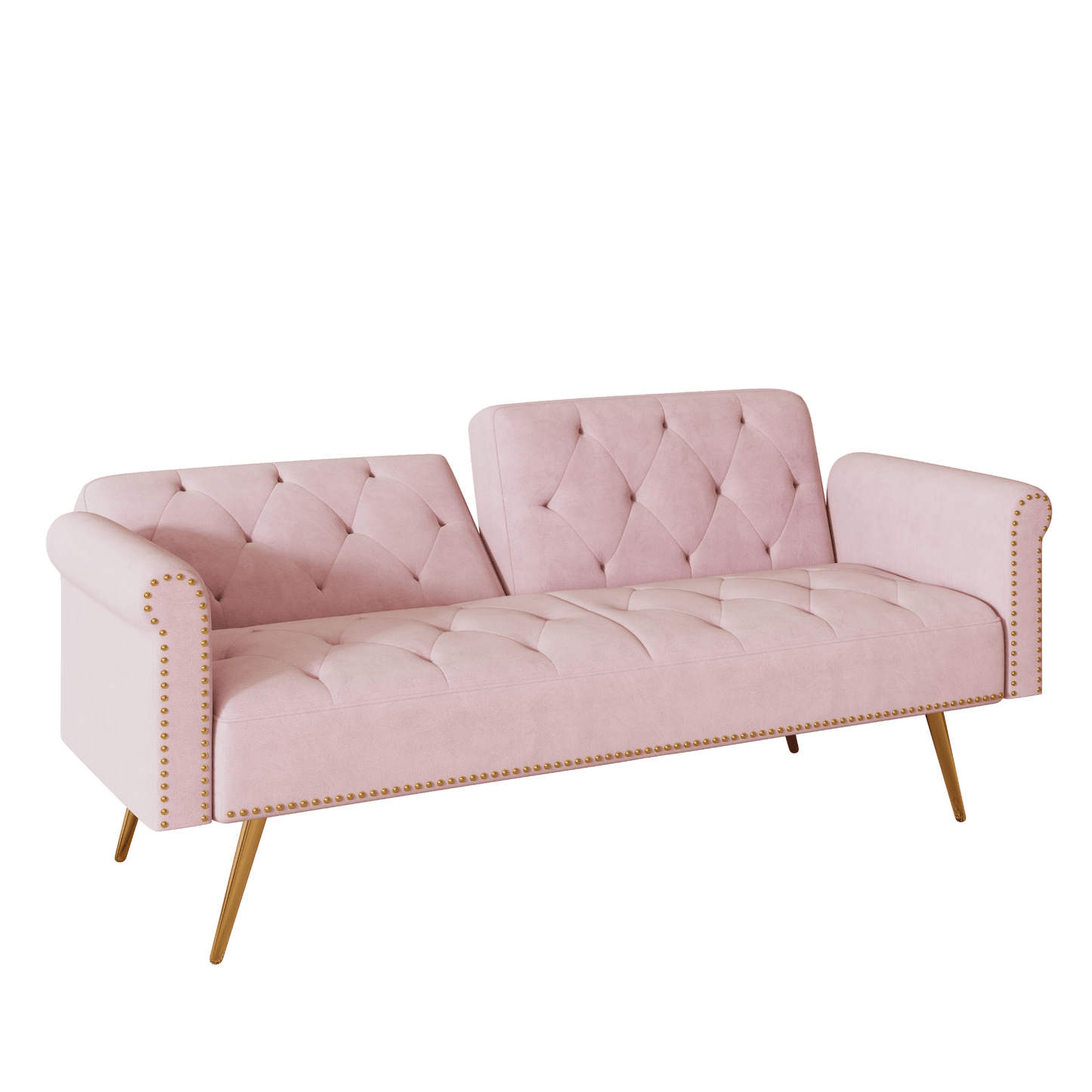 Luxurious 69.7 - Inch Pink Velvet Sofa Bed with Nail Head Trim & Throw Pillow - Elegant 2 - Seater with Gold Metal Legs - CurtisJ Designs