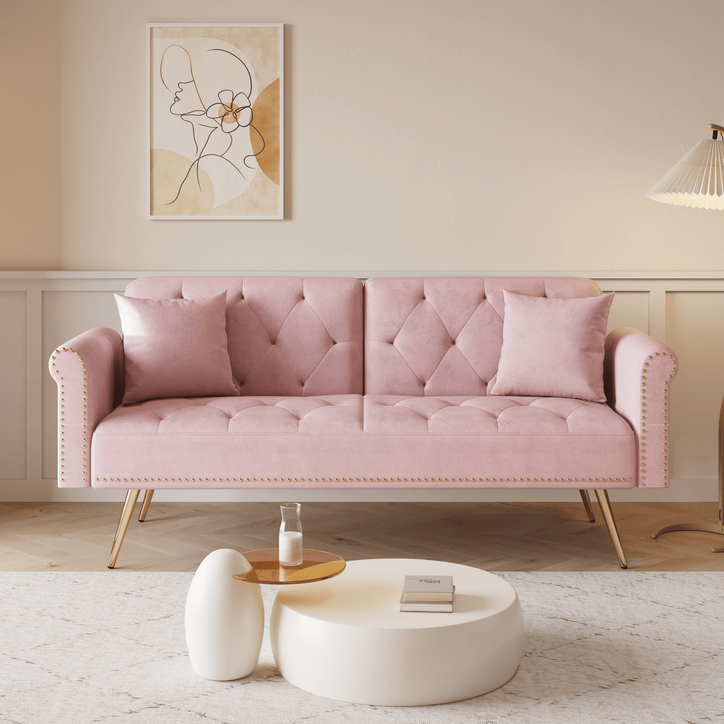 Luxurious 69.7 - Inch Pink Velvet Sofa Bed with Nail Head Trim & Throw Pillow - Elegant 2 - Seater with Gold Metal Legs - CurtisJ Designs