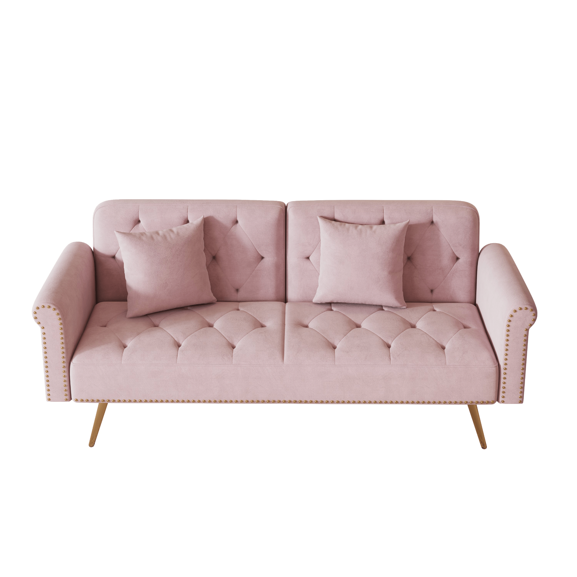 Luxurious 69.7 - Inch Pink Velvet Sofa Bed with Nail Head Trim & Throw Pillow - Elegant 2 - Seater with Gold Metal Legs - CurtisJ Designs