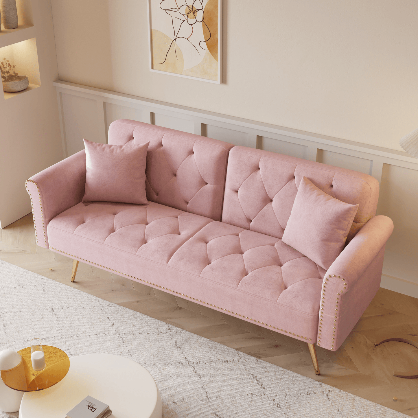 Luxurious 69.7 - Inch Pink Velvet Sofa Bed with Nail Head Trim & Throw Pillow - Elegant 2 - Seater with Gold Metal Legs - CurtisJ Designs