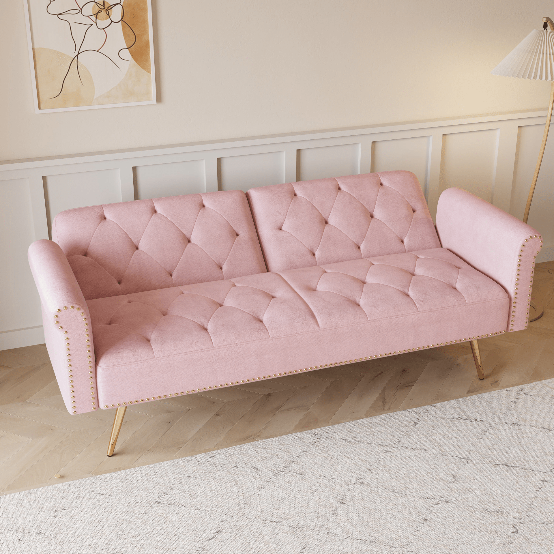 Luxurious 69.7 - Inch Pink Velvet Sofa Bed with Nail Head Trim & Throw Pillow - Elegant 2 - Seater with Gold Metal Legs - CurtisJ Designs