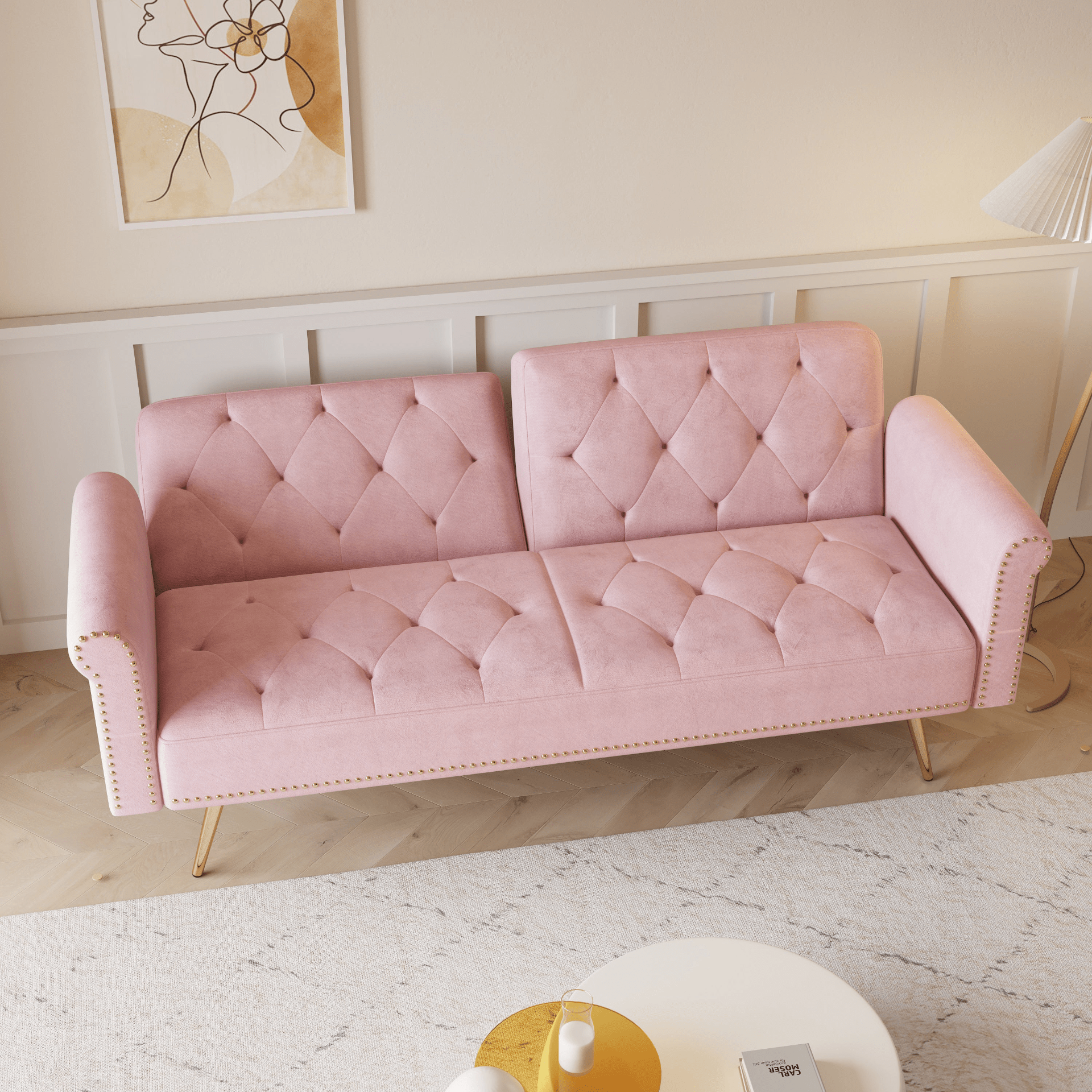 Luxurious 69.7 - Inch Pink Velvet Sofa Bed with Nail Head Trim & Throw Pillow - Elegant 2 - Seater with Gold Metal Legs - CurtisJ Designs