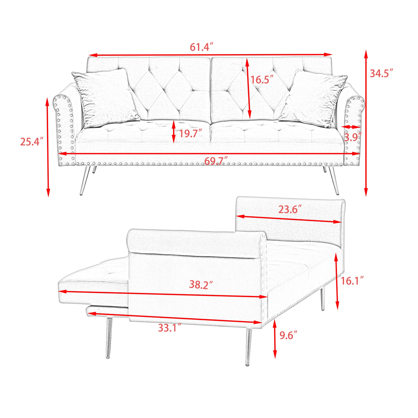 Luxurious 69.7 - Inch Pink Velvet Sofa Bed with Nail Head Trim & Throw Pillow - Elegant 2 - Seater with Gold Metal Legs - CurtisJ Designs