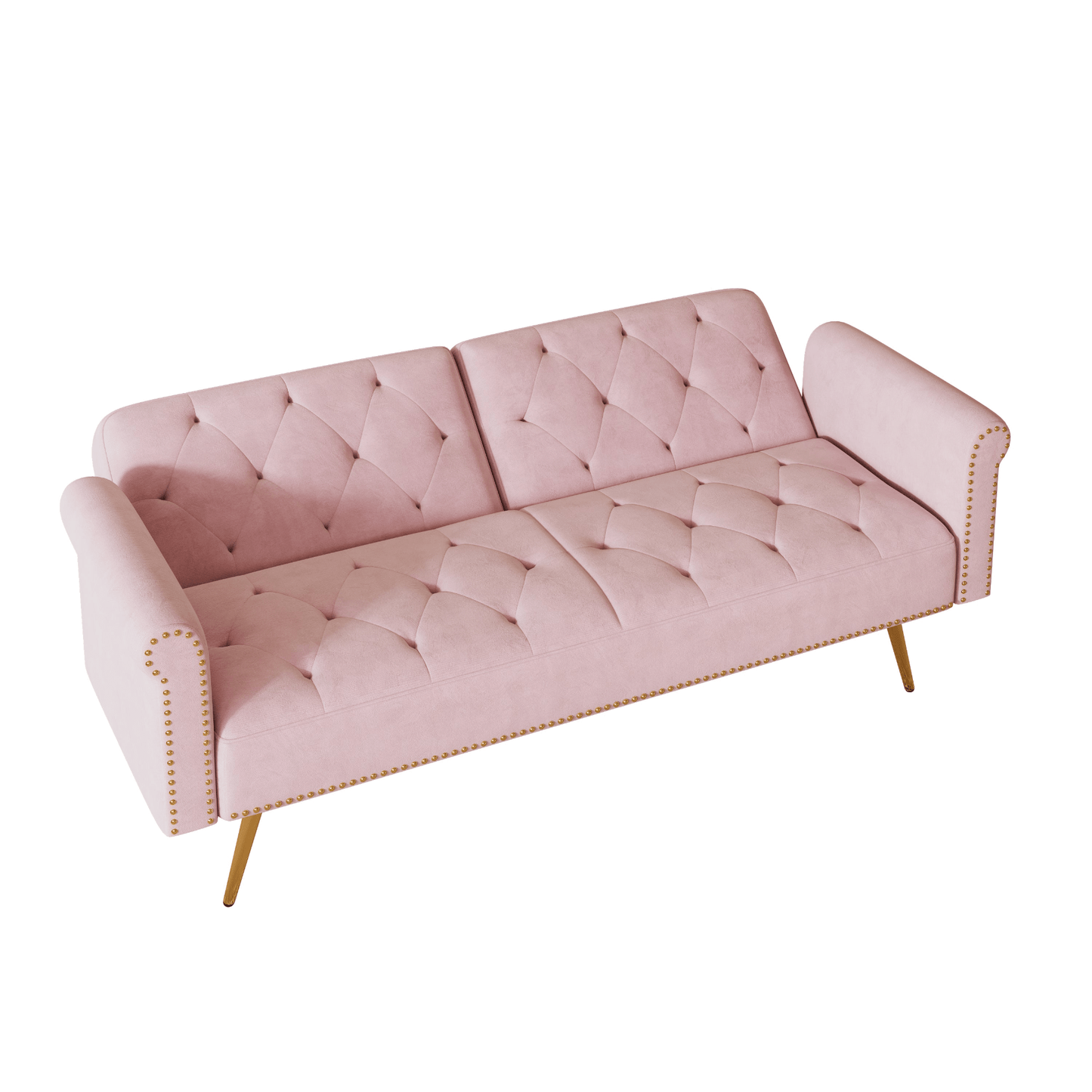 Luxurious 69.7 - Inch Pink Velvet Sofa Bed with Nail Head Trim & Throw Pillow - Elegant 2 - Seater with Gold Metal Legs - CurtisJ Designs