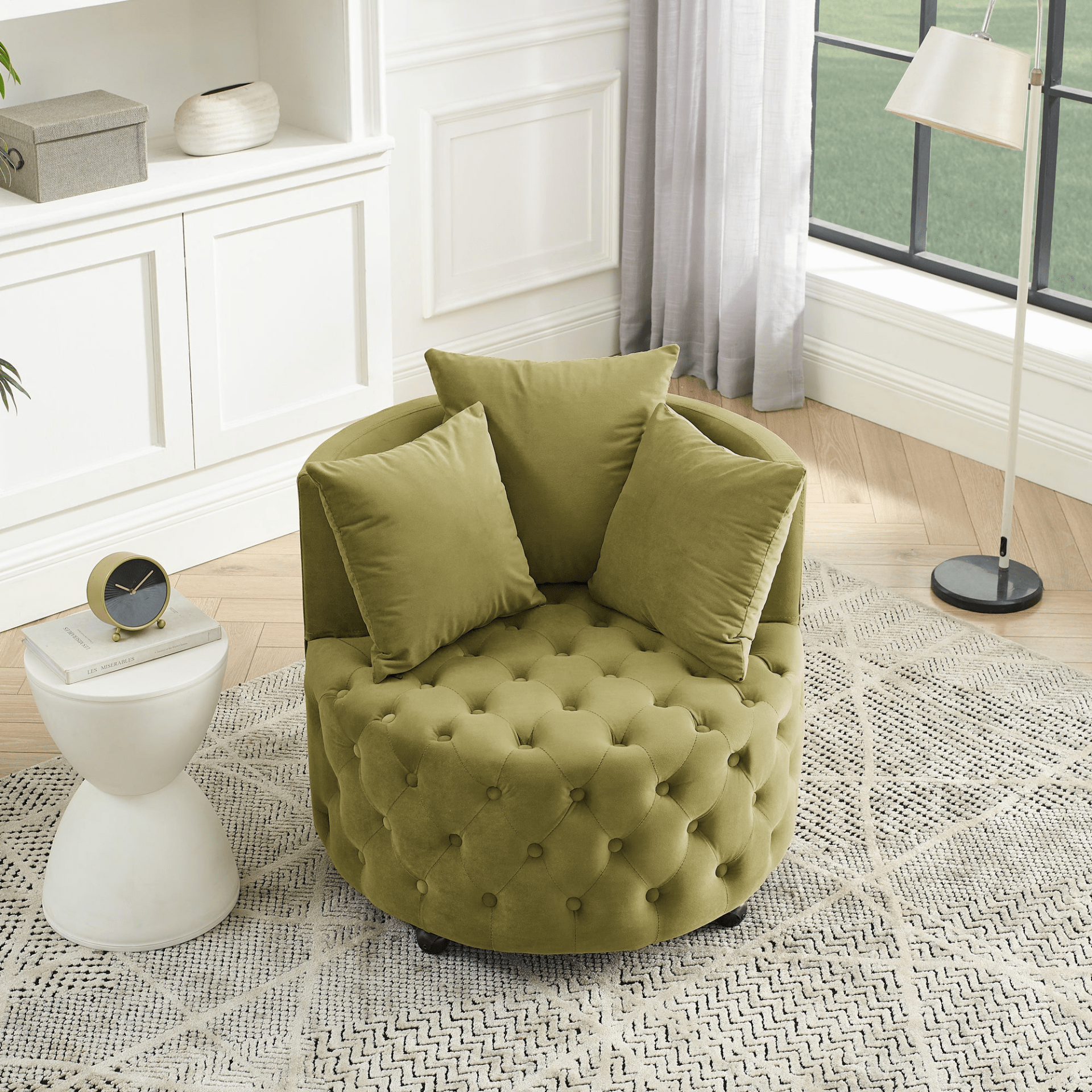 Luxurious Khaki Green Velvet Upholstered Swivel Chair with Button Tufted Design and Movable Wheels - CurtisJ Designs