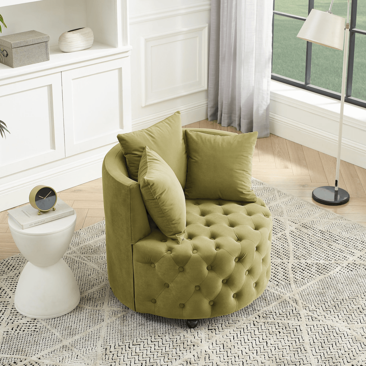 Luxurious Khaki Green Velvet Upholstered Swivel Chair with Button Tufted Design and Movable Wheels - CurtisJ Designs