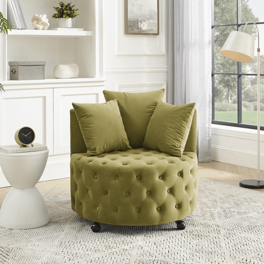 Luxurious Khaki Green Velvet Upholstered Swivel Chair with Button Tufted Design and Movable Wheels - CurtisJ Designs