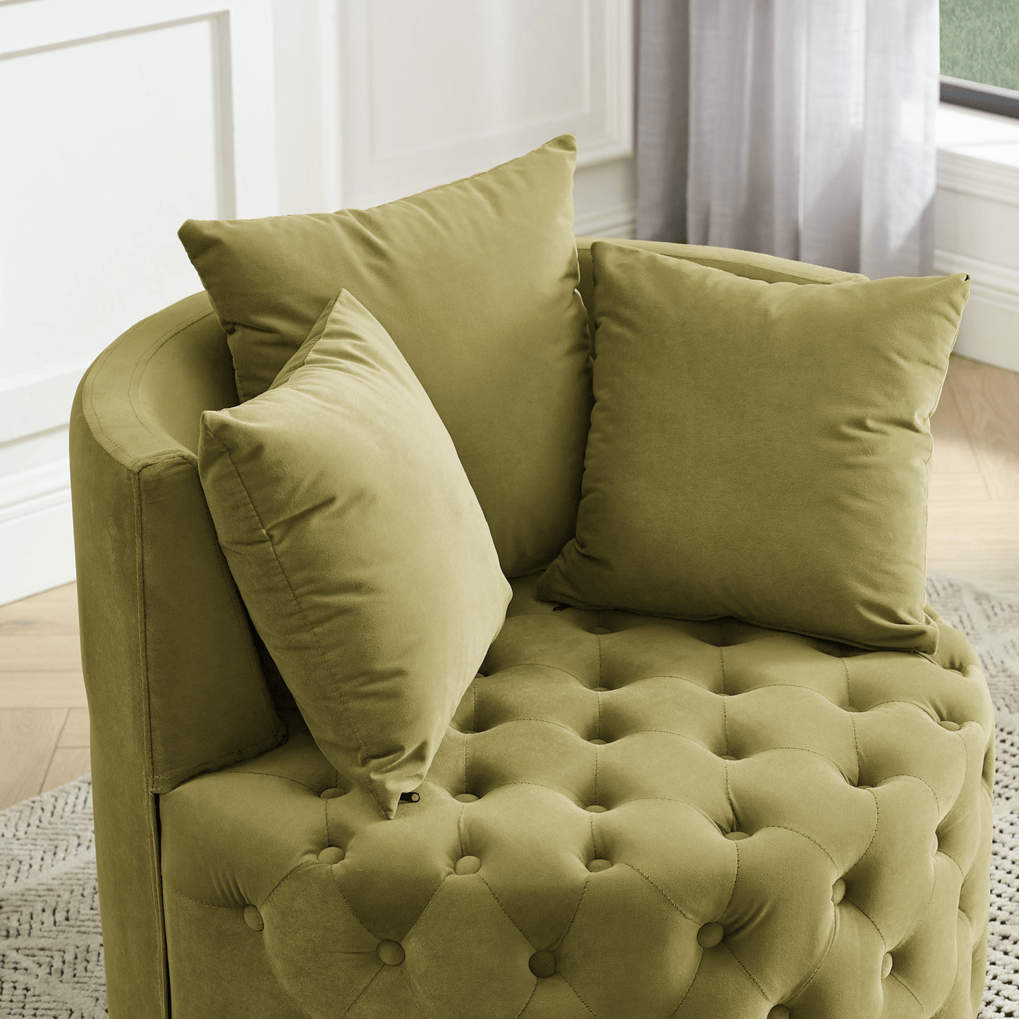 Luxurious Khaki Green Velvet Upholstered Swivel Chair with Button Tufted Design and Movable Wheels - CurtisJ Designs